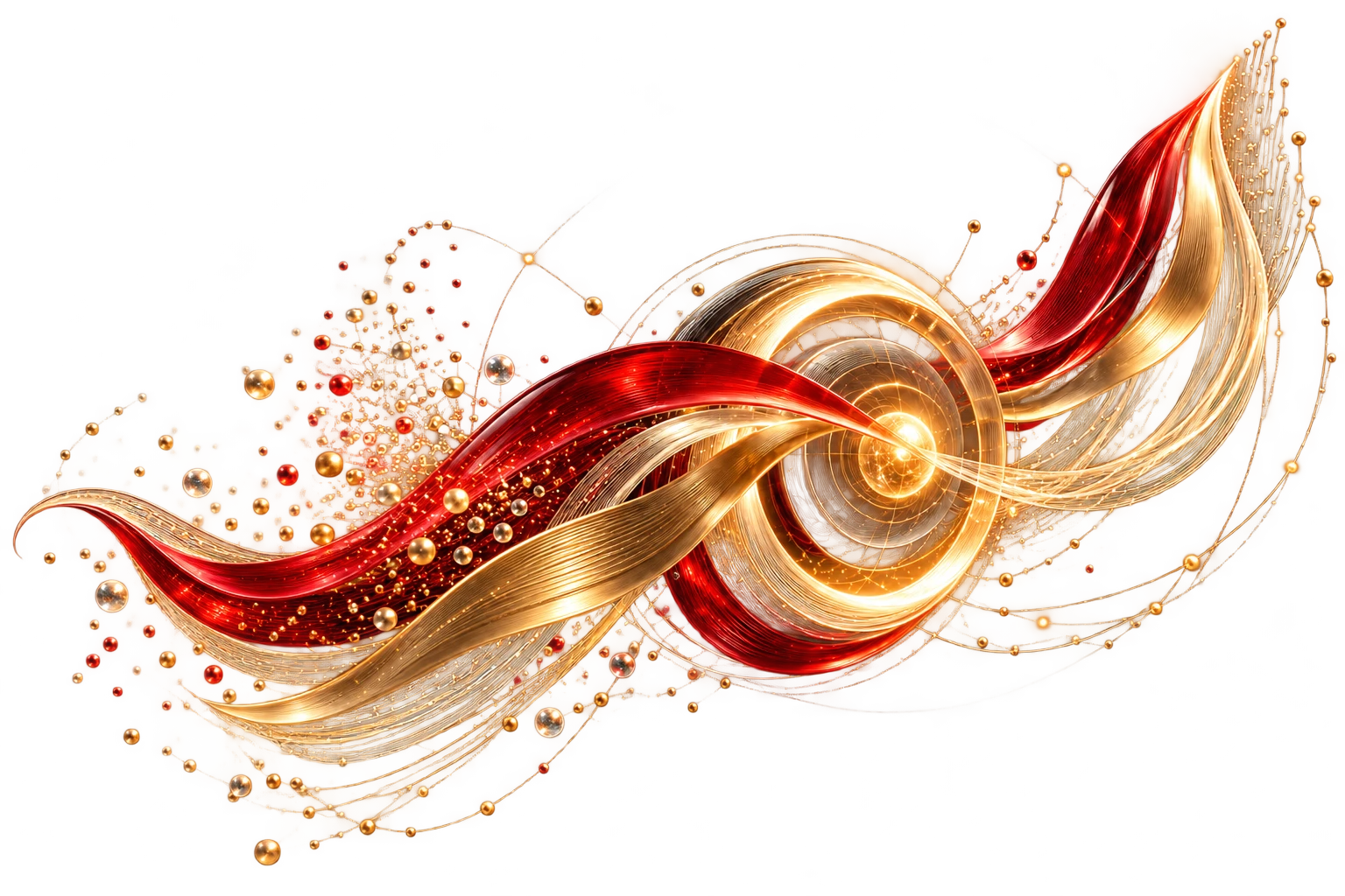 Red and gold ribbons connect around a glowing intelligence core.